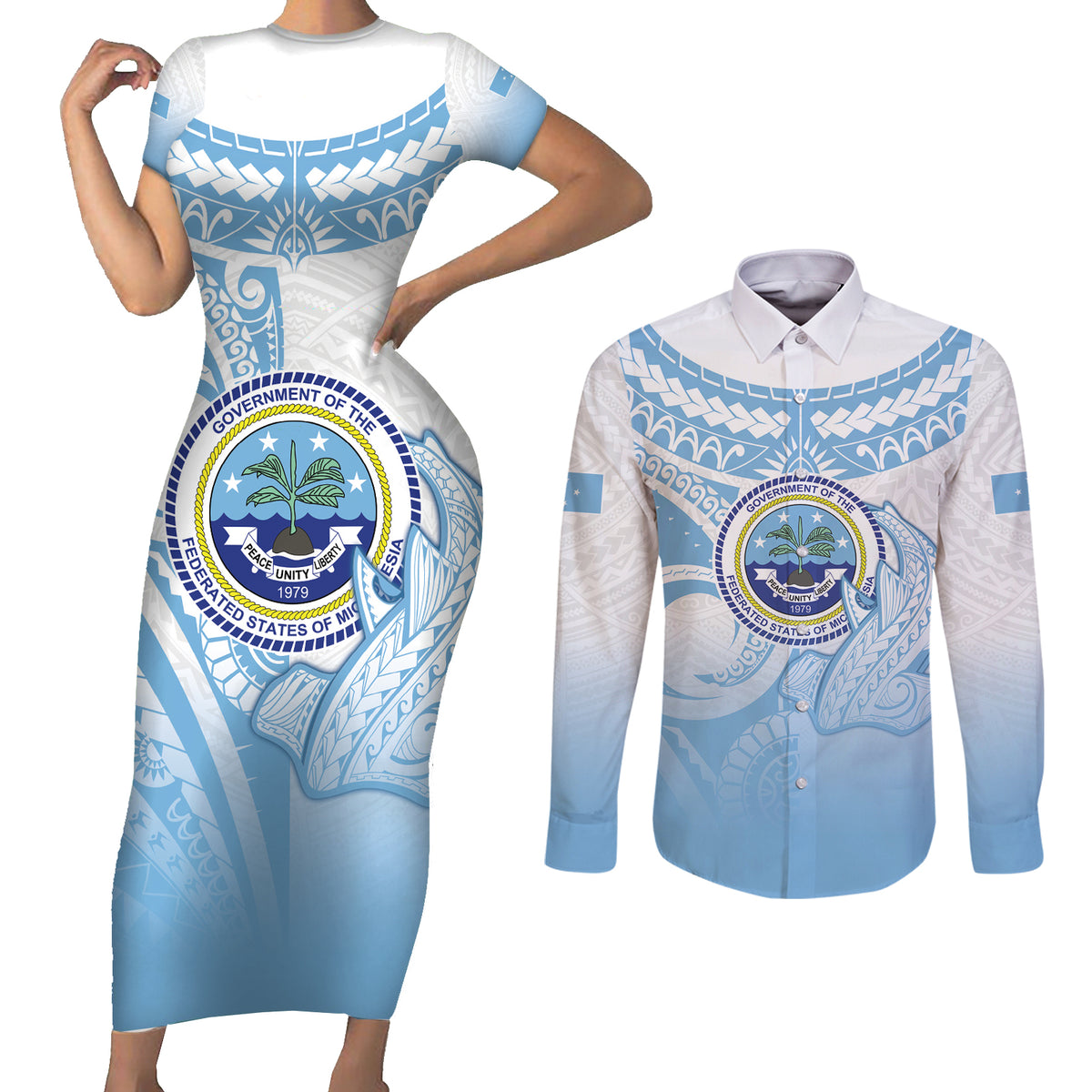 Micronesia Constitution Day Couples Matching Short Sleeve Bodycon Dress and Long Sleeve Button Shirt Polynesian Tribal Tattoo Simple Style LT05 Blue - Polynesian Pride