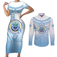 Micronesia Constitution Day Couples Matching Short Sleeve Bodycon Dress and Long Sleeve Button Shirt Polynesian Tribal Tattoo Simple Style LT05 Blue - Polynesian Pride