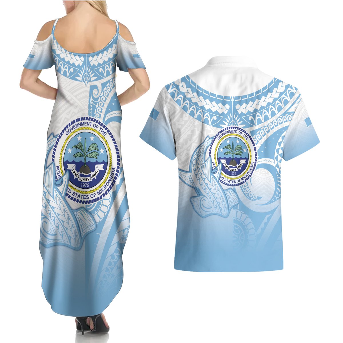 Micronesia Constitution Day Couples Matching Summer Maxi Dress and Hawaiian Shirt Polynesian Tribal Tattoo Simple Style