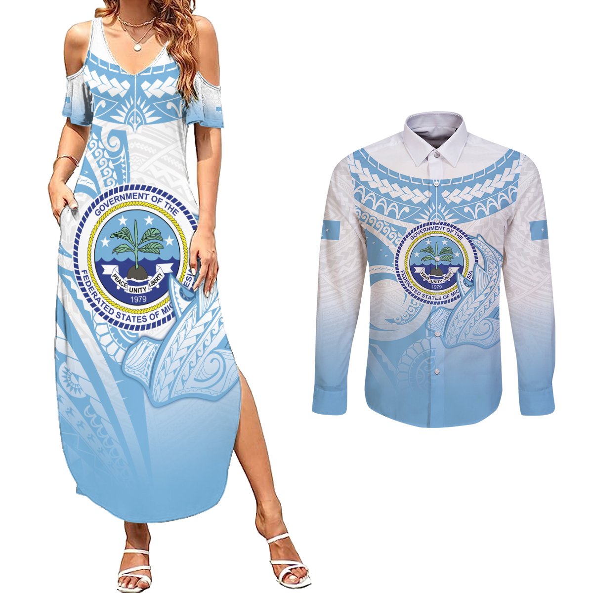 Micronesia Constitution Day Couples Matching Summer Maxi Dress and Long Sleeve Button Shirt Polynesian Tribal Tattoo Simple Style