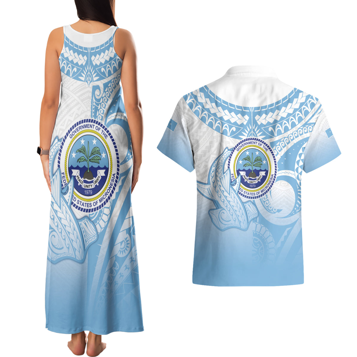 Micronesia Constitution Day Couples Matching Tank Maxi Dress and Hawaiian Shirt Polynesian Tribal Tattoo Simple Style LT05 - Polynesian Pride