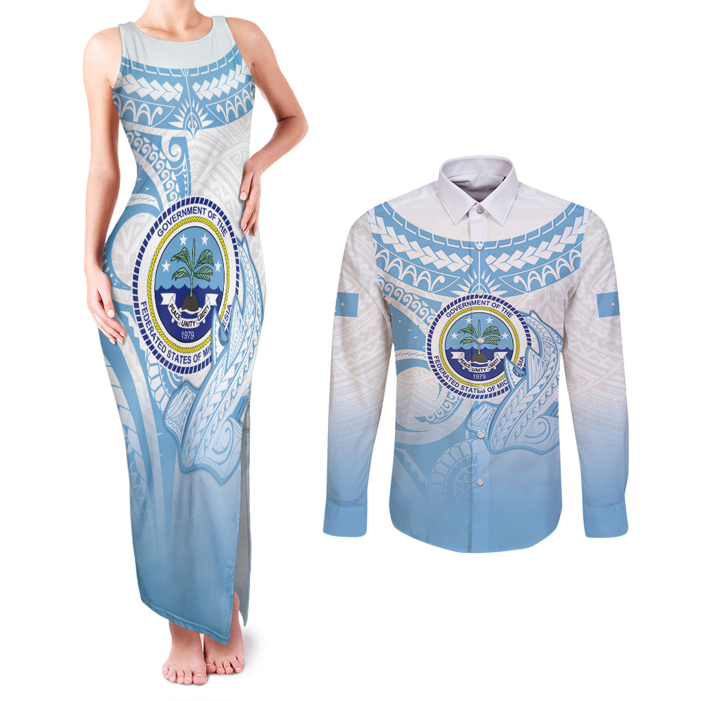 Micronesia Constitution Day Couples Matching Tank Maxi Dress and Long Sleeve Button Shirt Polynesian Tribal Tattoo Simple Style LT05 Blue - Polynesian Pride