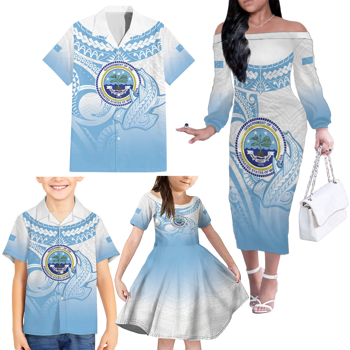 Micronesia Constitution Day Family Matching Off The Shoulder Long Sleeve Dress and Hawaiian Shirt Polynesian Tribal Tattoo Simple Style