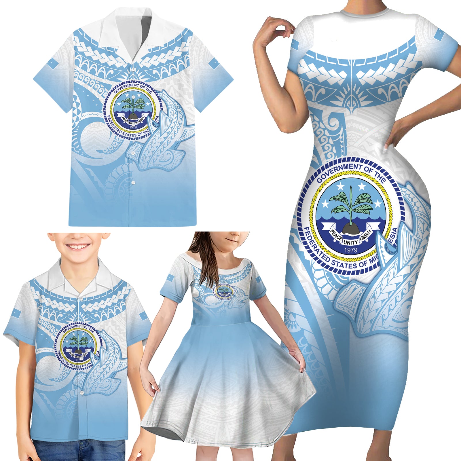 Micronesia Constitution Day Family Matching Short Sleeve Bodycon Dress and Hawaiian Shirt Polynesian Tribal Tattoo Simple Style