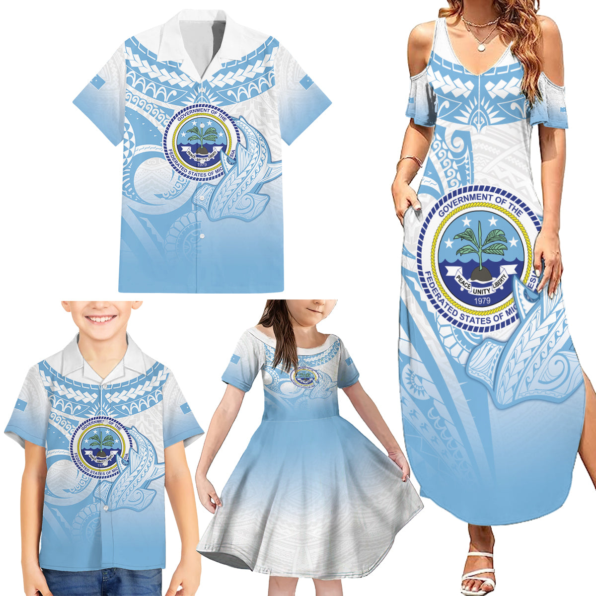 Micronesia Constitution Day Family Matching Summer Maxi Dress and Hawaiian Shirt Polynesian Tribal Tattoo Simple Style