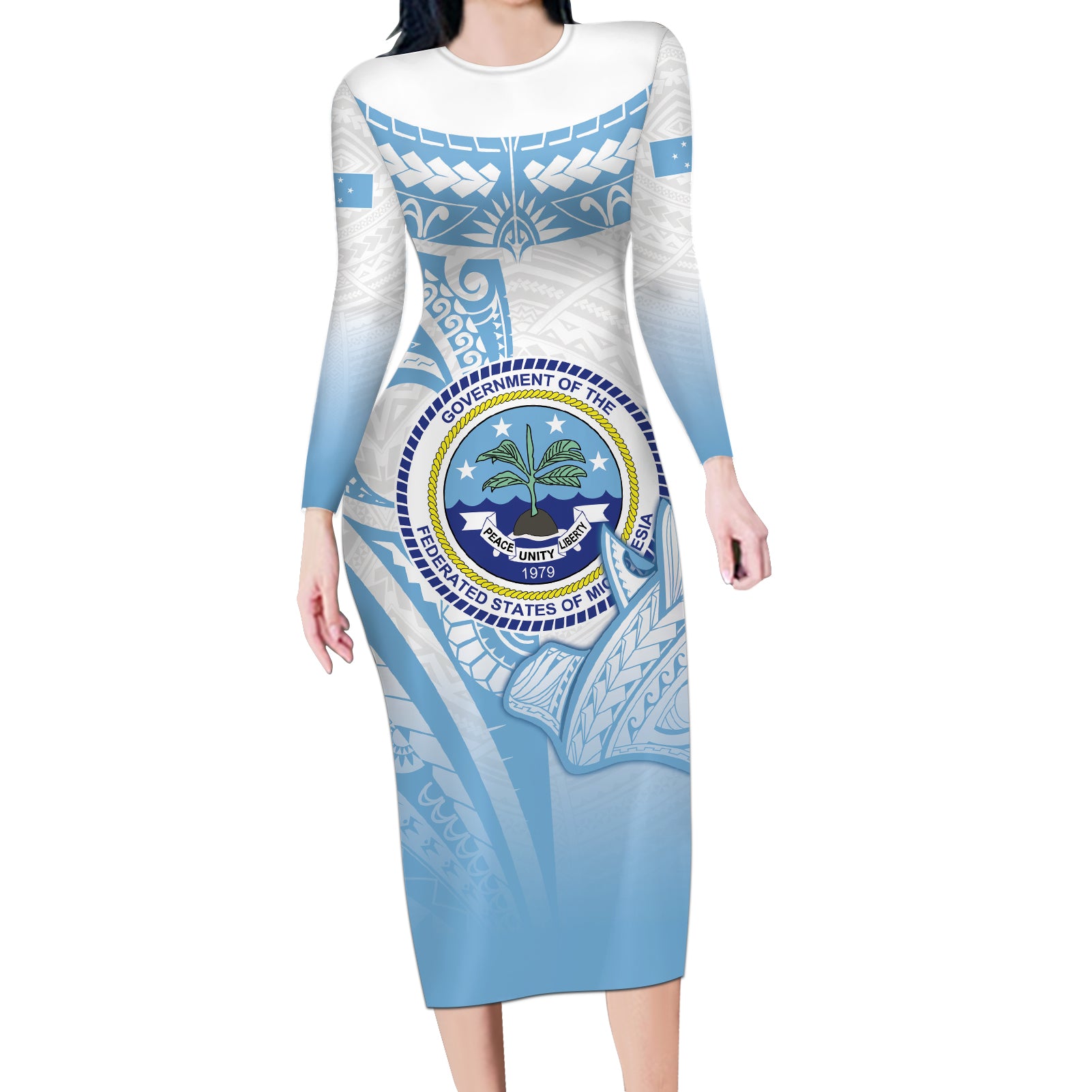 Micronesia Constitution Day Long Sleeve Bodycon Dress Polynesian Tribal Tattoo Simple Style