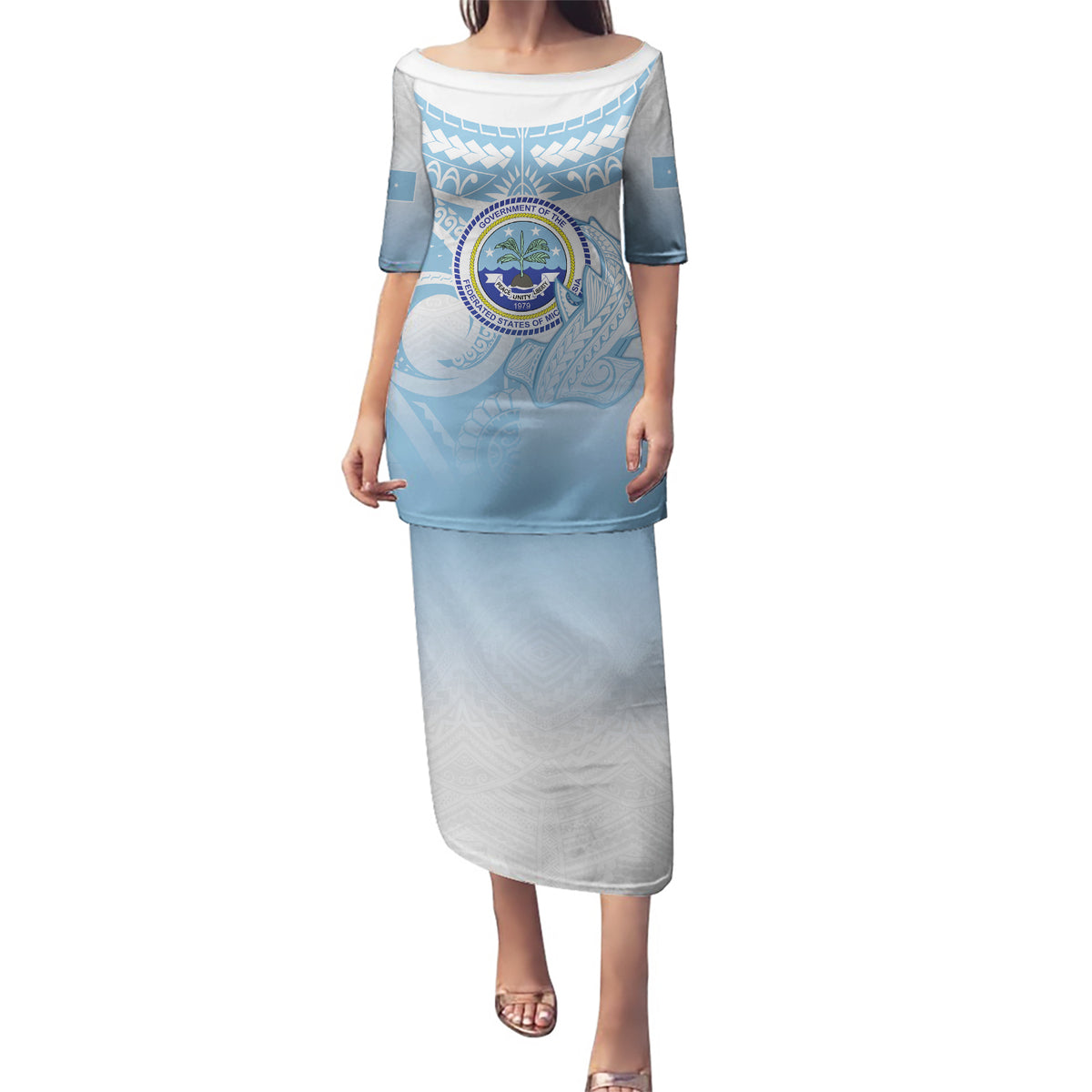 Micronesia Constitution Day Puletasi Polynesian Tribal Tattoo Simple Style LT05 Long Dress Blue - Polynesian Pride