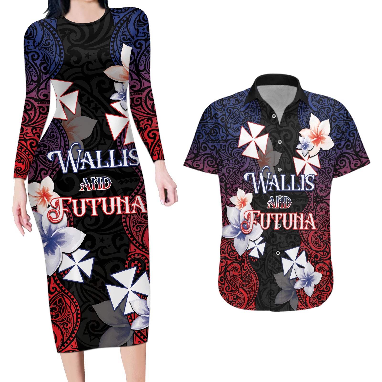 Wallis and Futuna Uvea Couples Matching Long Sleeve Bodycon Dress and Hawaiian Shirt Victory Day With Frangipani