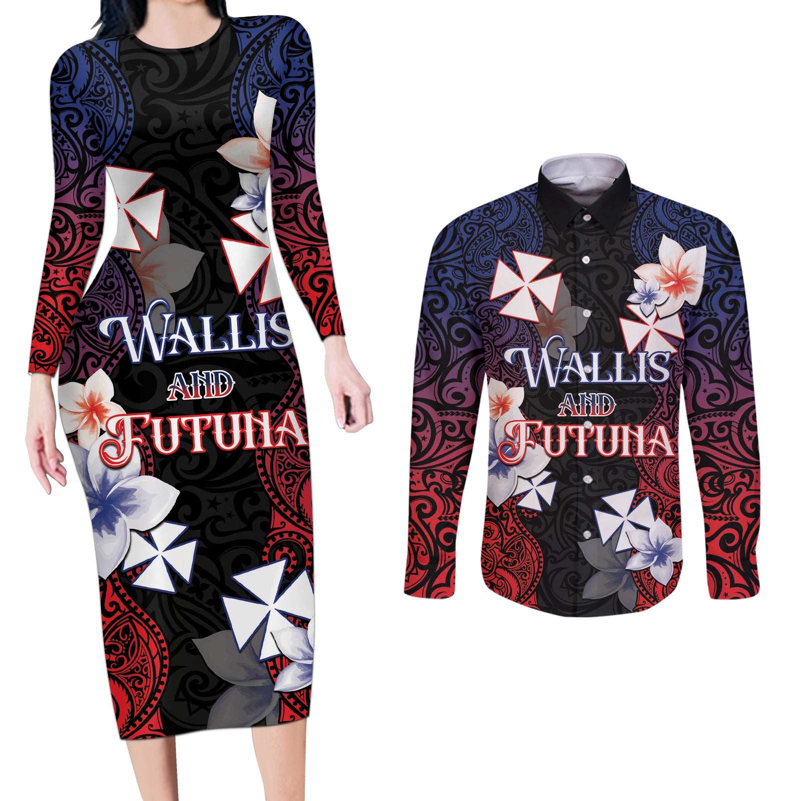 Wallis and Futuna Uvea Couples Matching Long Sleeve Bodycon Dress and Long Sleeve Button Shirt Victory Day With Frangipani