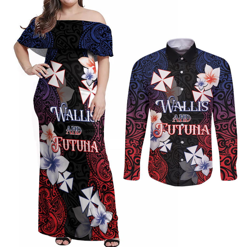 Wallis and Futuna Uvea Couples Matching Off Shoulder Maxi Dress and Long Sleeve Button Shirt Victory Day With Frangipani