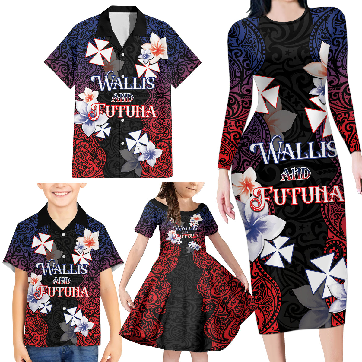 Wallis and Futuna Uvea Family Matching Long Sleeve Bodycon Dress and Hawaiian Shirt Victory Day With Frangipani