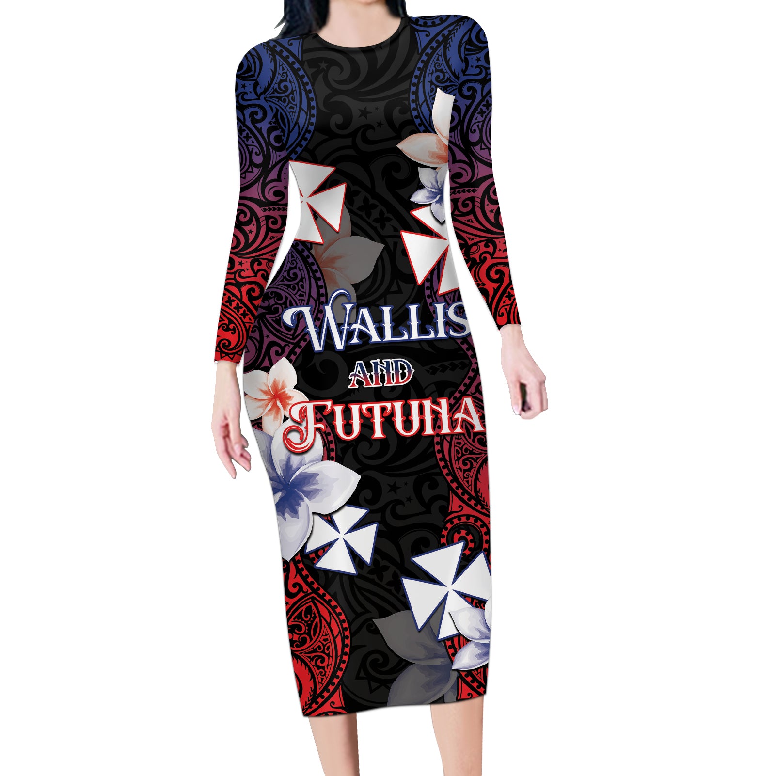 Wallis and Futuna Uvea Long Sleeve Bodycon Dress Victory Day With Frangipani