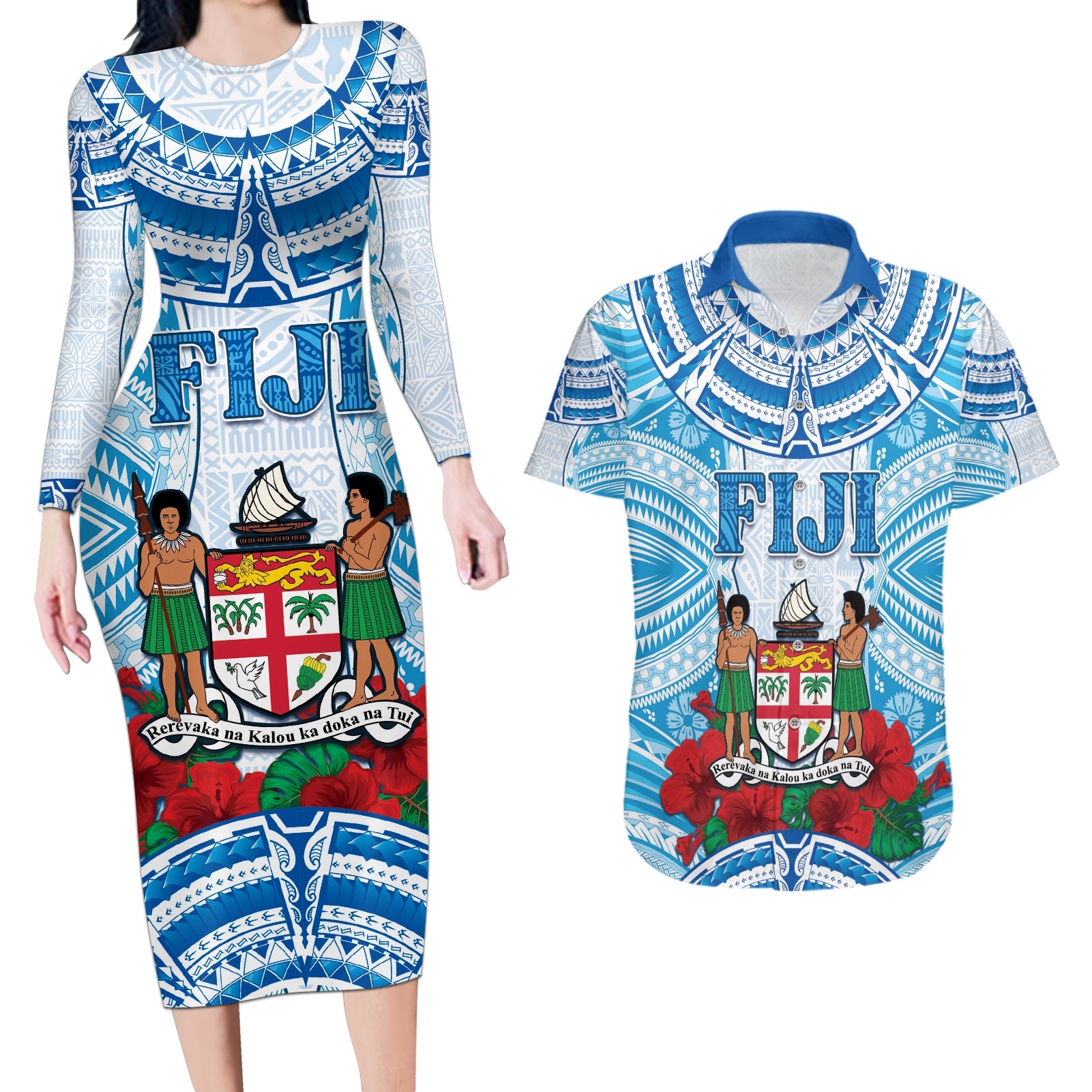 Personalised Fiji Ratu Sir Lala Sukuna Day Couples Matching Long Sleeve Bodycon Dress and Hawaiian Shirt Hibiscus Tapa Pattern