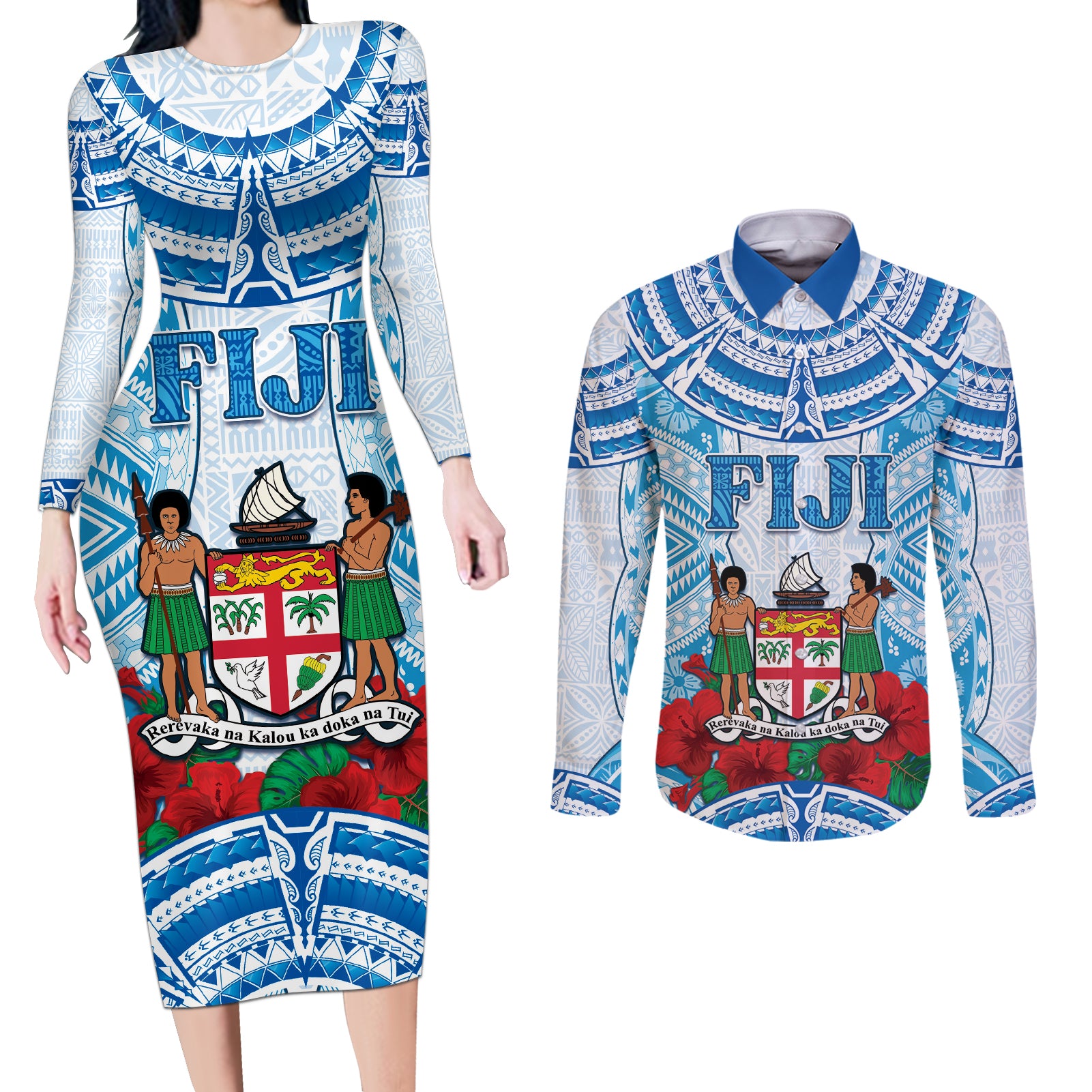 Personalised Fiji Ratu Sir Lala Sukuna Day Couples Matching Long Sleeve Bodycon Dress and Long Sleeve Button Shirt Hibiscus Tapa Pattern