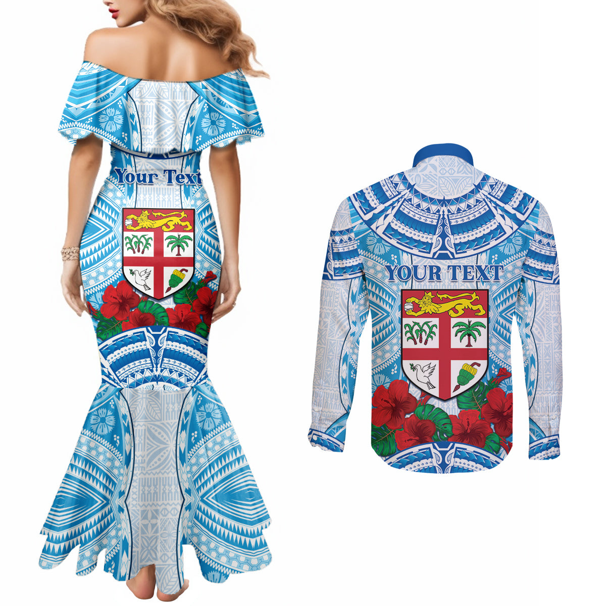 Personalised Fiji Ratu Sir Lala Sukuna Day Couples Matching Mermaid Dress and Long Sleeve Button Shirt Hibiscus Tapa Pattern