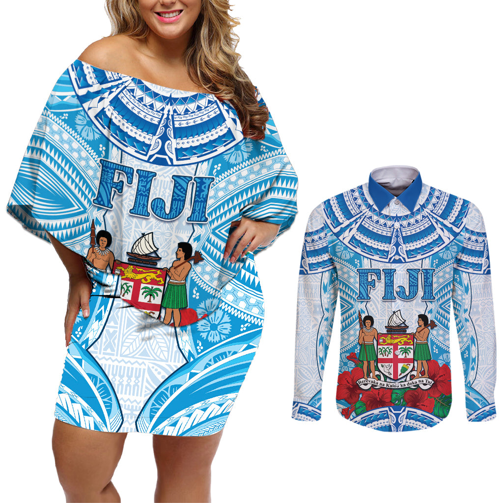 Personalised Fiji Ratu Sir Lala Sukuna Day Couples Matching Off Shoulder Short Dress and Long Sleeve Button Shirt Hibiscus Tapa Pattern