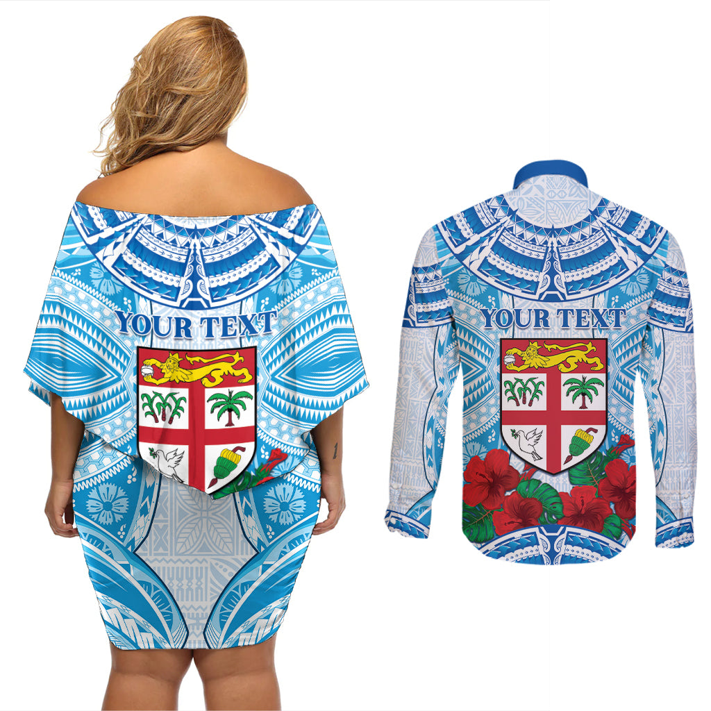 Personalised Fiji Ratu Sir Lala Sukuna Day Couples Matching Off Shoulder Short Dress and Long Sleeve Button Shirt Hibiscus Tapa Pattern