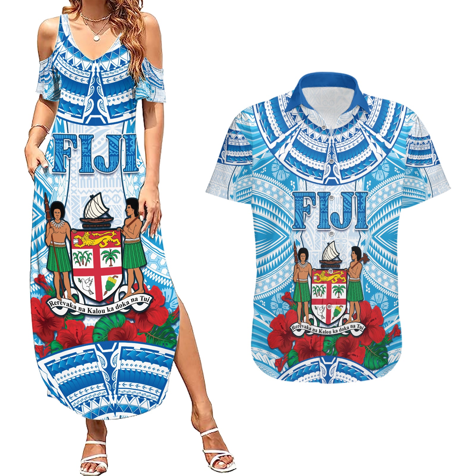 Personalised Fiji Ratu Sir Lala Sukuna Day Couples Matching Summer Maxi Dress and Hawaiian Shirt Hibiscus Tapa Pattern