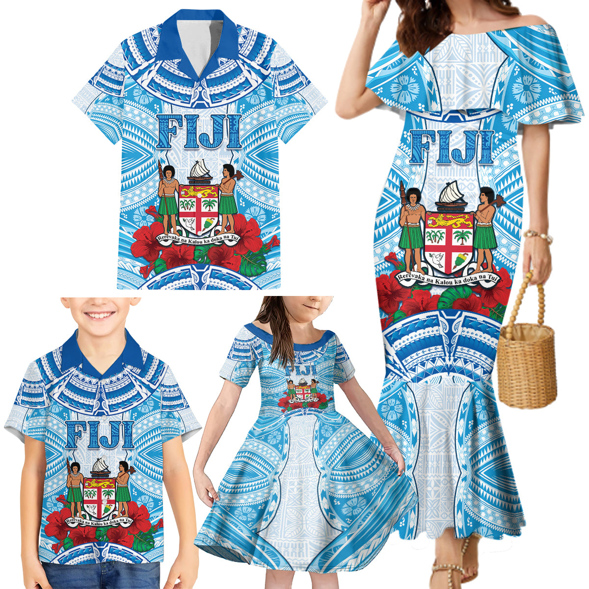 Personalised Fiji Ratu Sir Lala Sukuna Day Family Matching Mermaid Dress and Hawaiian Shirt Hibiscus Tapa Pattern