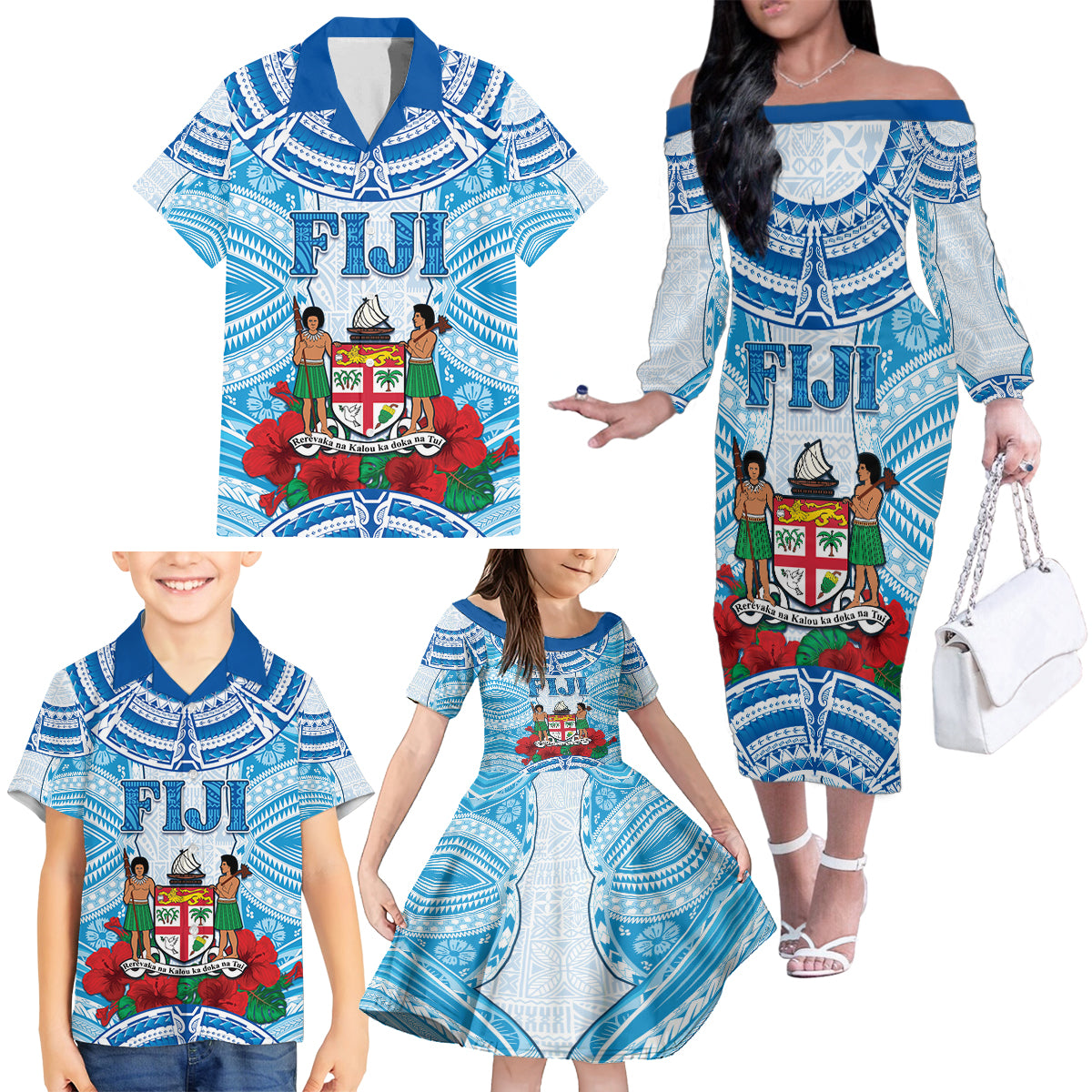 Personalised Fiji Ratu Sir Lala Sukuna Day Family Matching Off The Shoulder Long Sleeve Dress and Hawaiian Shirt Hibiscus Tapa Pattern