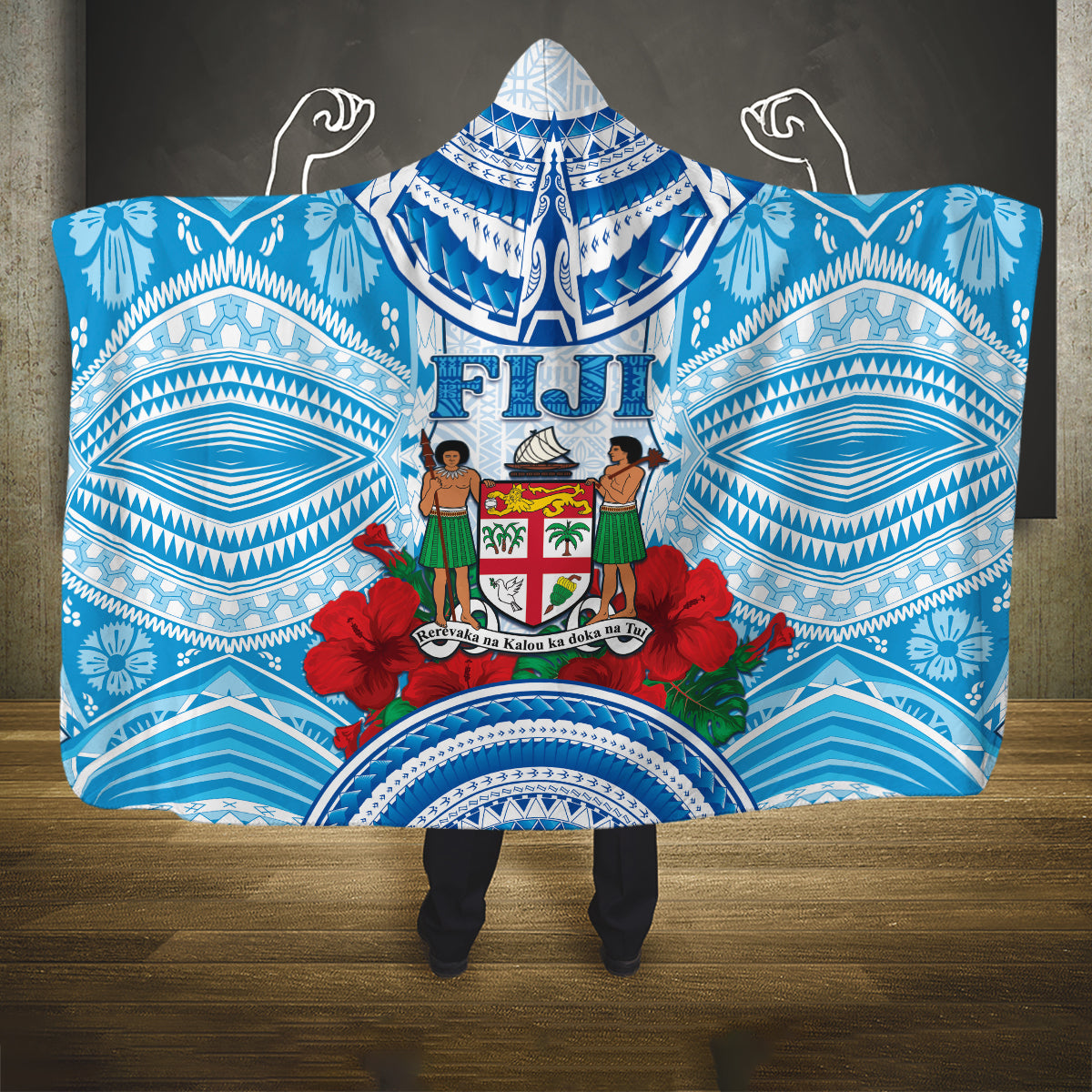 Fiji Ratu Sir Lala Sukuna Day Hooded Blanket Hibiscus Tapa Pattern