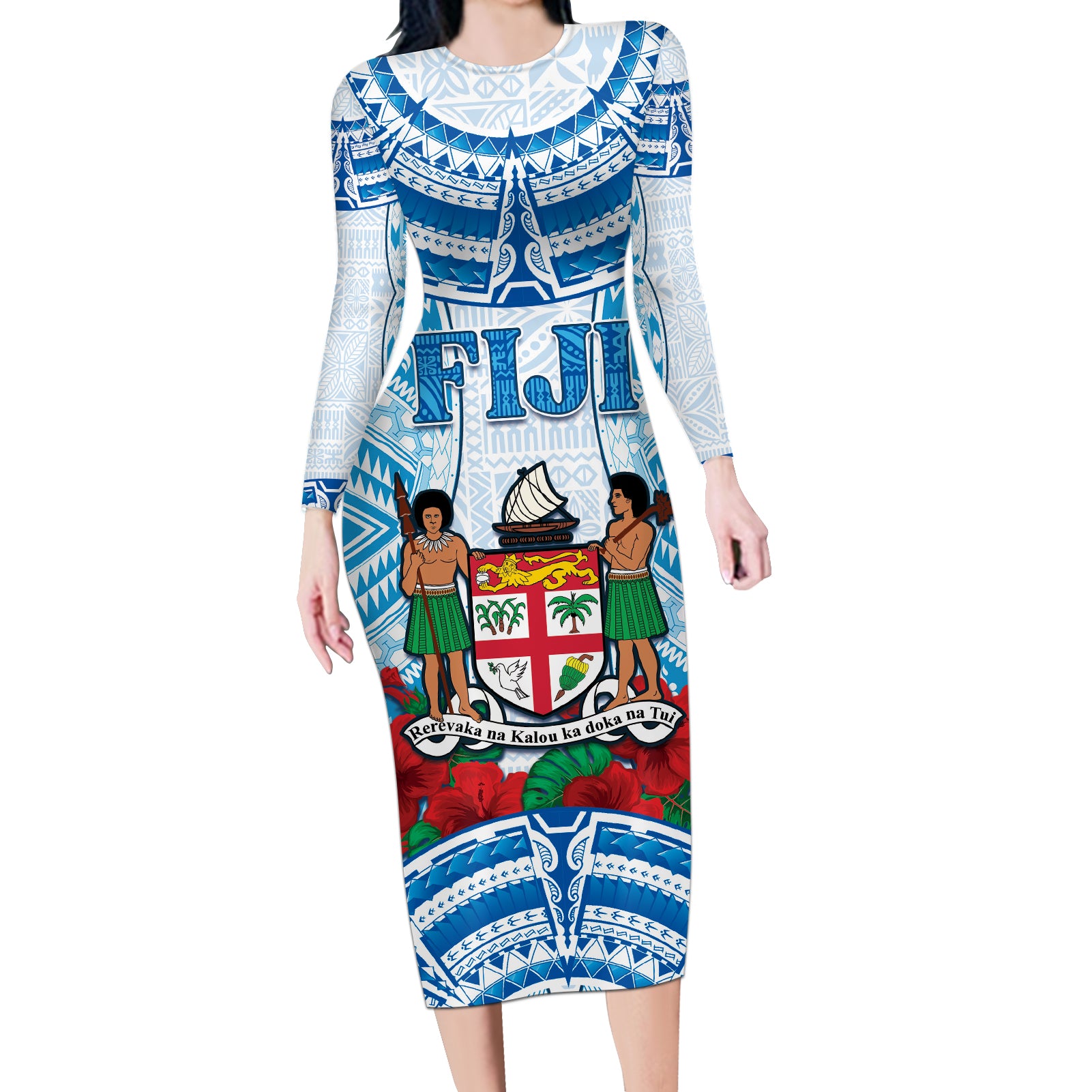 Personalised Fiji Ratu Sir Lala Sukuna Day Long Sleeve Bodycon Dress Hibiscus Tapa Pattern