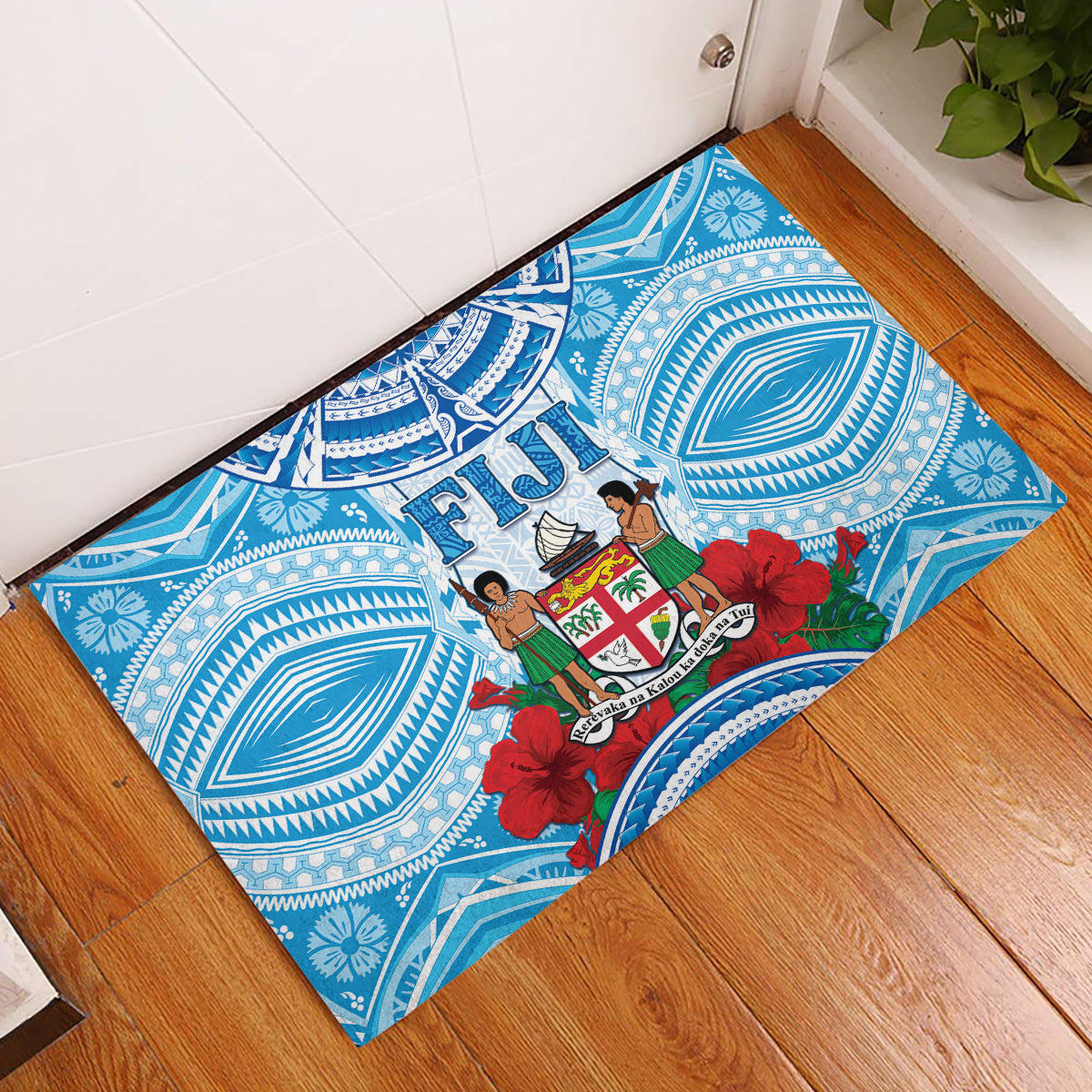 Fiji Ratu Sir Lala Sukuna Day Rubber Doormat Hibiscus Tapa Pattern
