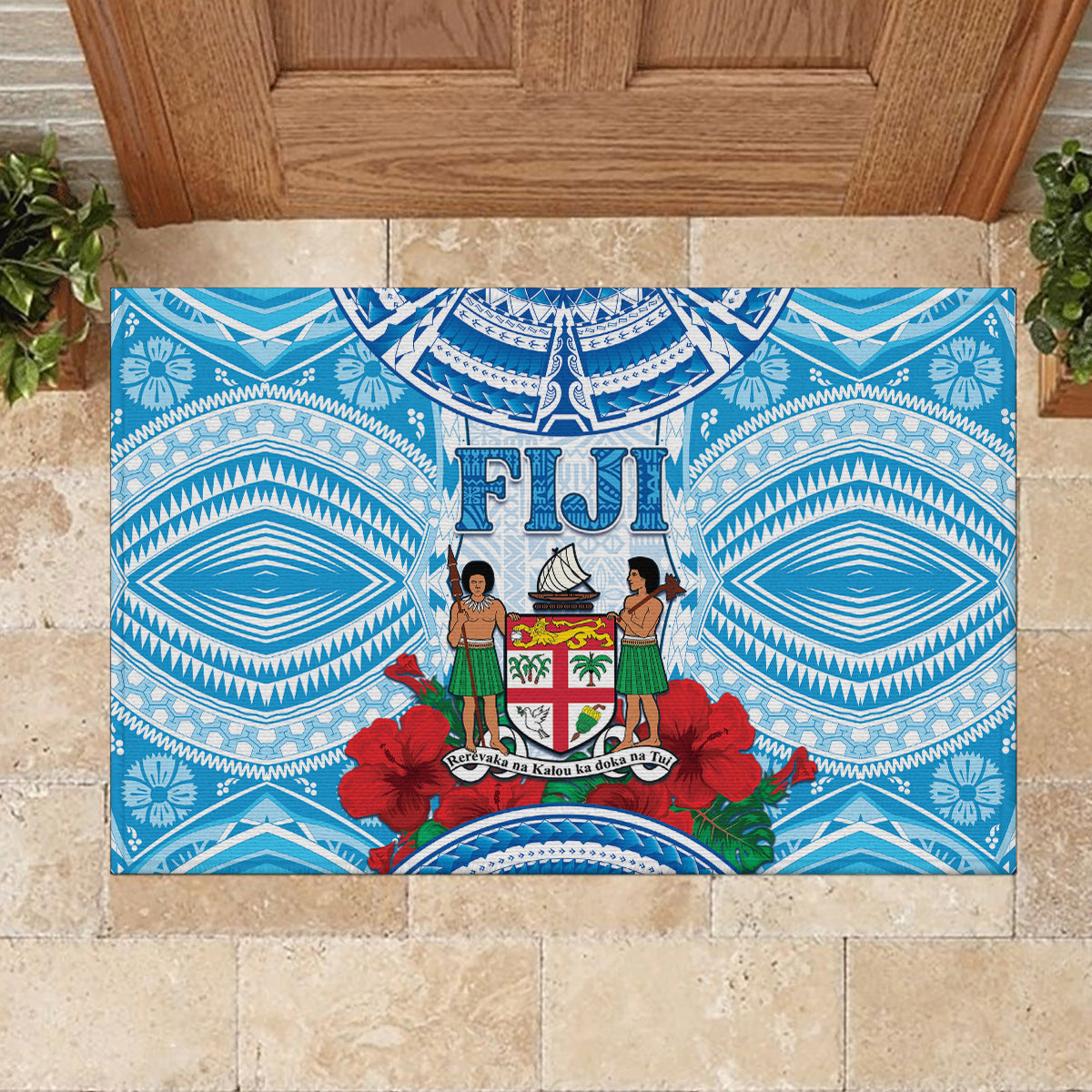 Fiji Ratu Sir Lala Sukuna Day Rubber Doormat Hibiscus Tapa Pattern
