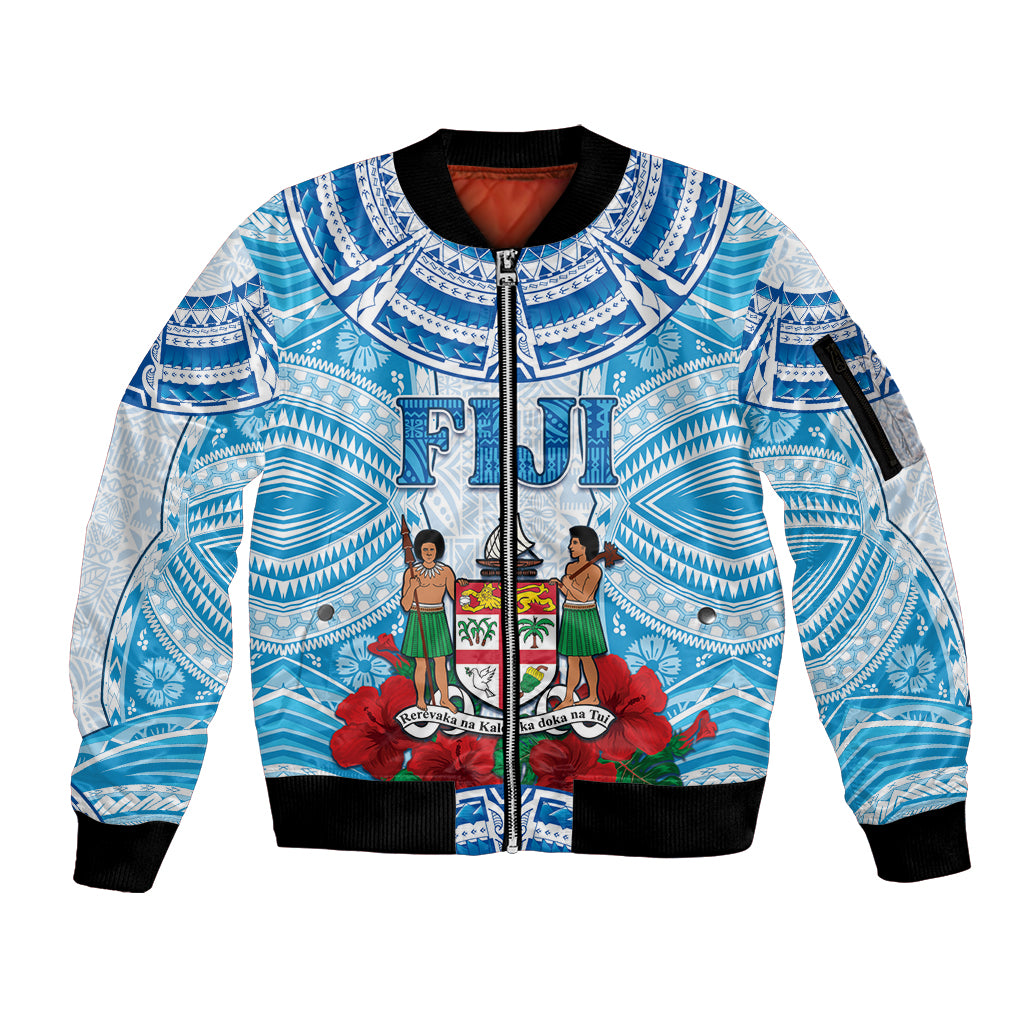 Personalised Fiji Ratu Sir Lala Sukuna Day Sleeve Zip Bomber Jacket Hibiscus Tapa Pattern