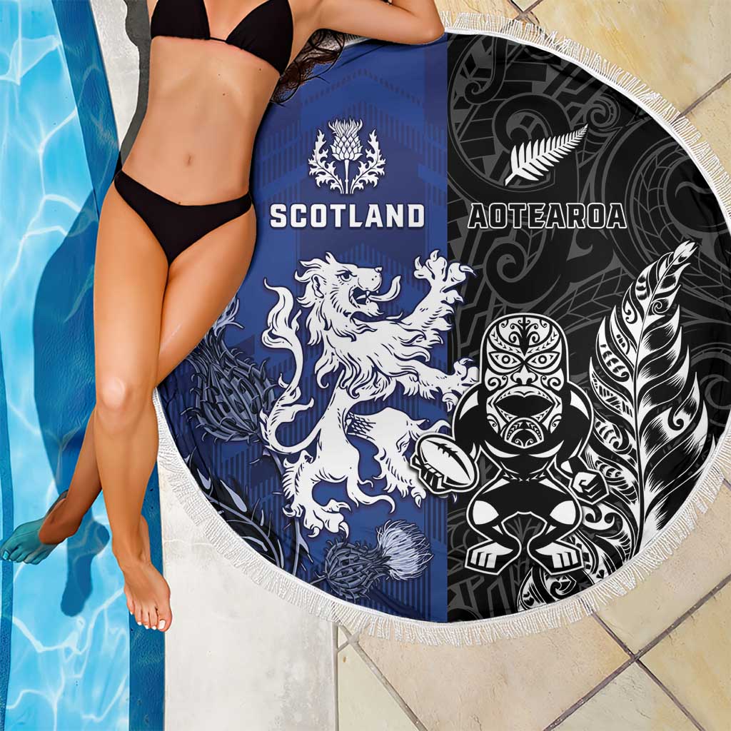 New Zealand And Scotland Rugby Beach Blanket Maori Tiki With Thistle Together