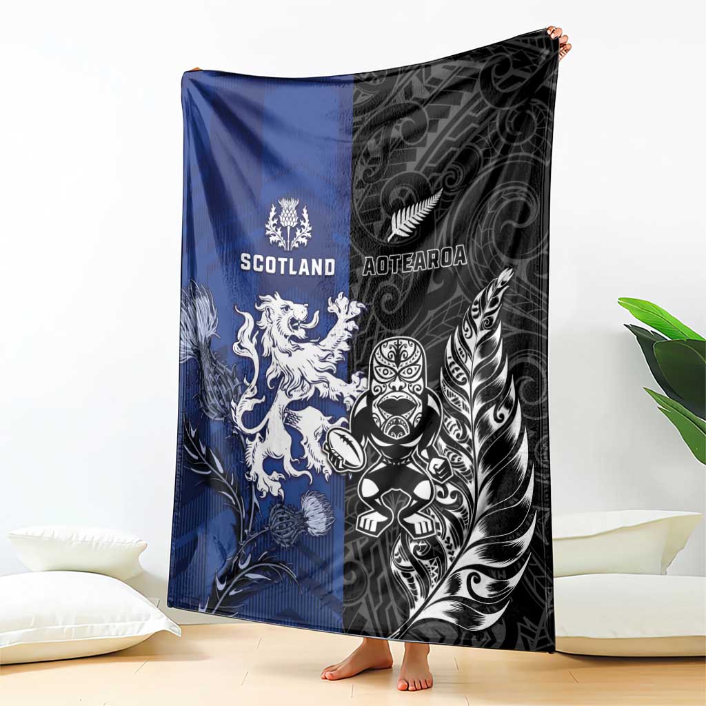 New Zealand And Scotland Rugby Blanket Maori Tiki With Thistle Together