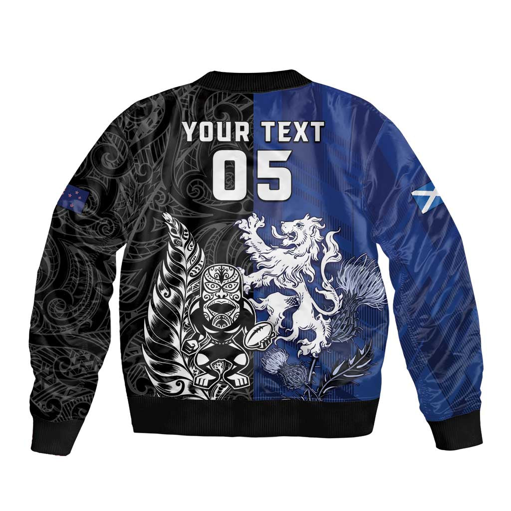 New Zealand And Scotland Rugby Custom Bomber Jacket Maori Tiki With Thistle Together
