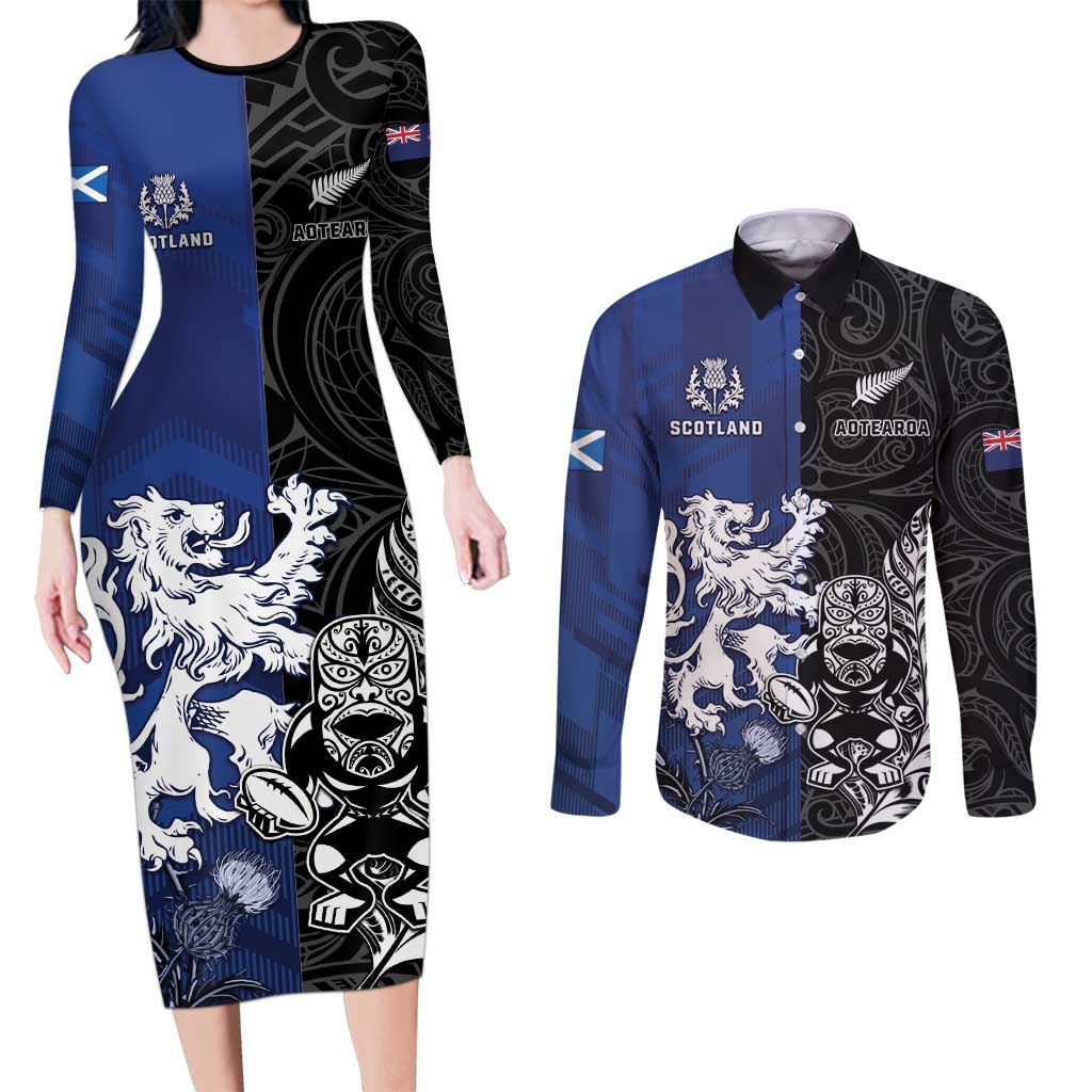 New Zealand And Scotland Rugby Custom Couples Matching Long Sleeve Bodycon Dress and Long Sleeve Button Shirt Maori Tiki With Thistle Together