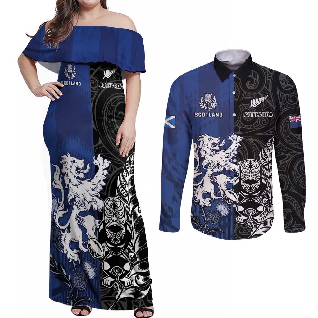 New Zealand And Scotland Rugby Custom Couples Matching Off Shoulder Maxi Dress and Long Sleeve Button Shirt Maori Tiki With Thistle Together