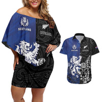 New Zealand And Scotland Rugby Custom Couples Matching Off Shoulder Short Dress and Hawaiian Shirt Maori Tiki With Thistle Together