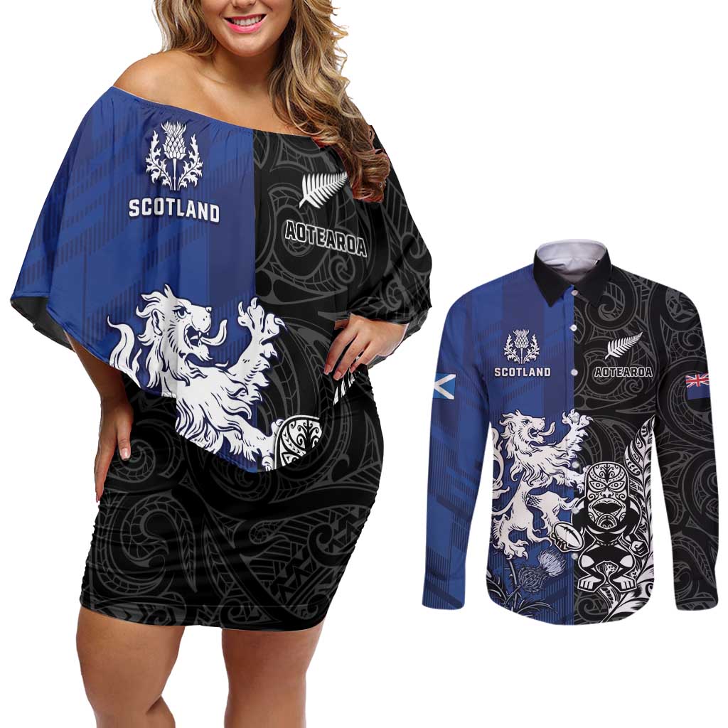 New Zealand And Scotland Rugby Custom Couples Matching Off Shoulder Short Dress and Long Sleeve Button Shirt Maori Tiki With Thistle Together