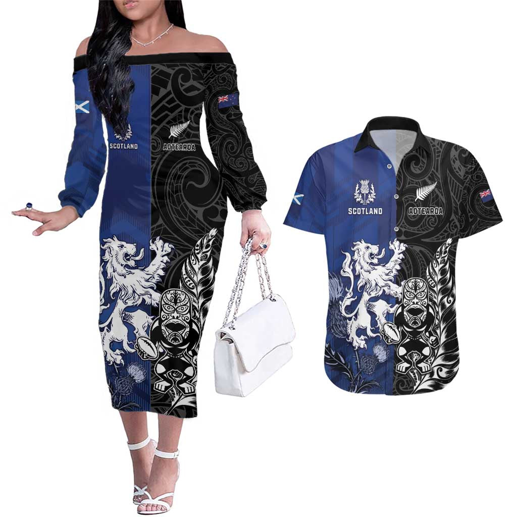 New Zealand And Scotland Rugby Custom Couples Matching Off The Shoulder Long Sleeve Dress and Hawaiian Shirt Maori Tiki With Thistle Together