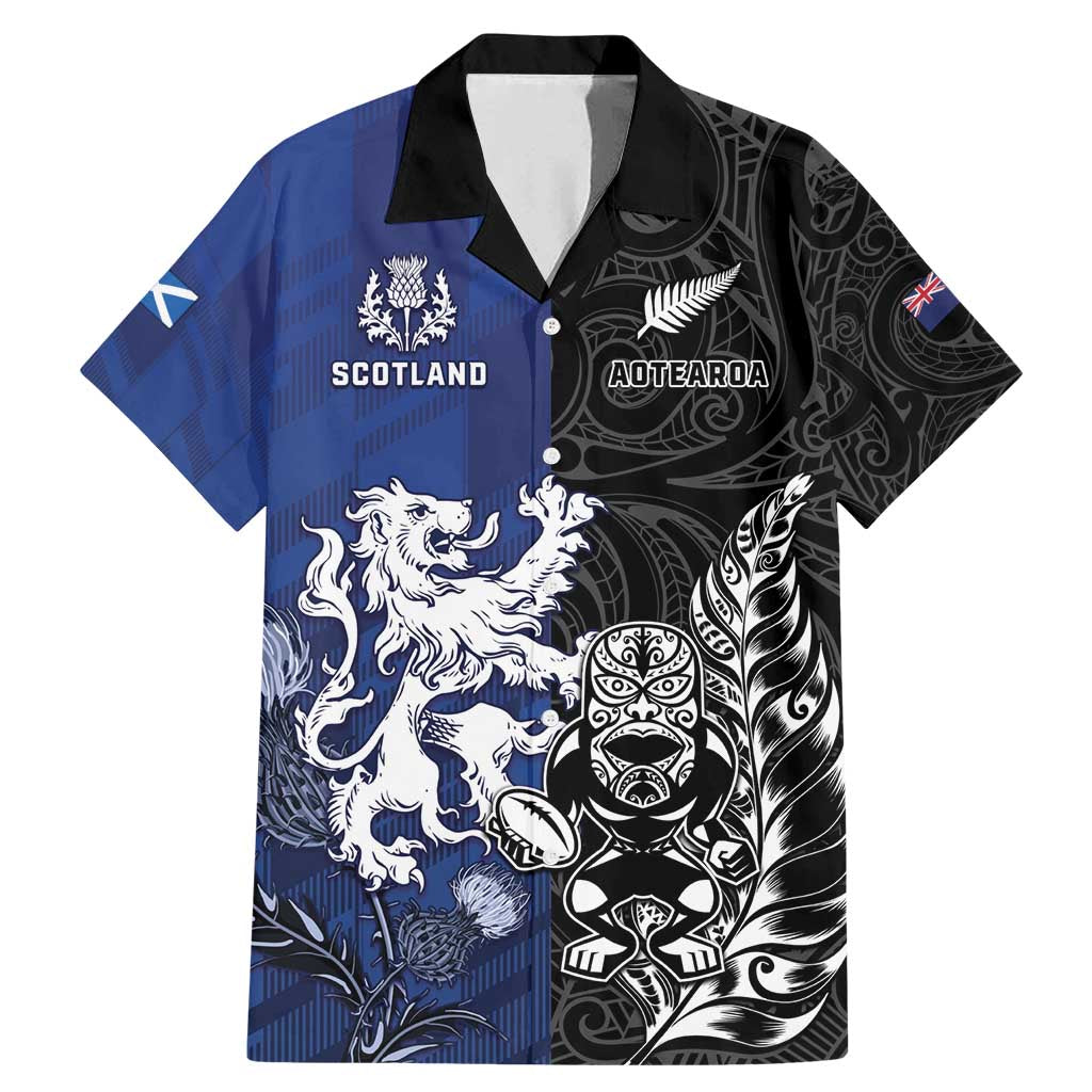 New Zealand And Scotland Rugby Custom Family Matching Mermaid Dress and Hawaiian Shirt Maori Tiki With Thistle Together