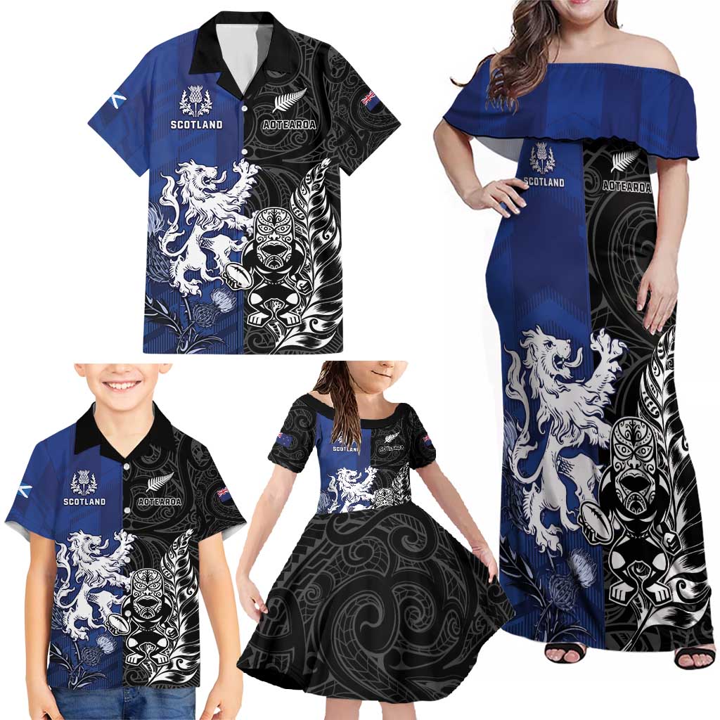 New Zealand And Scotland Rugby Custom Family Matching Off Shoulder Maxi Dress and Hawaiian Shirt Maori Tiki With Thistle Together