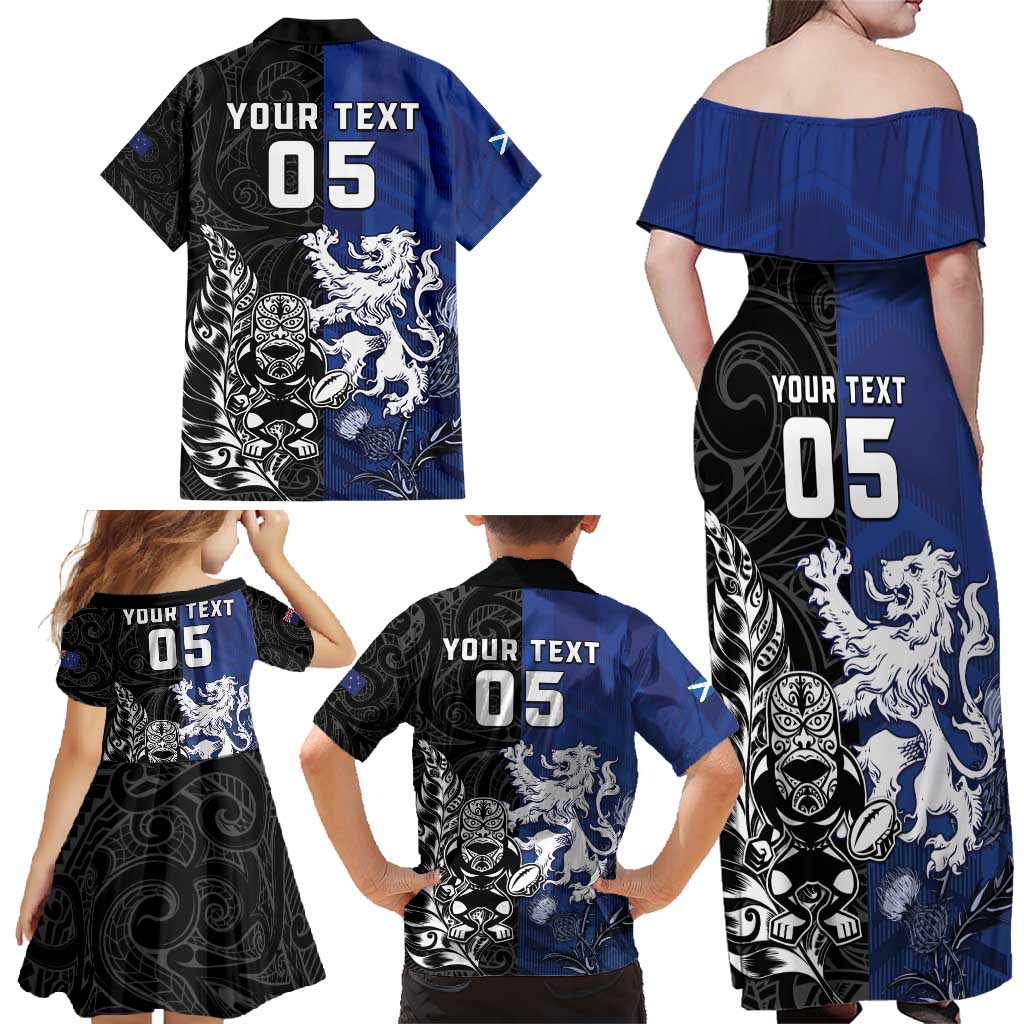 New Zealand And Scotland Rugby Custom Family Matching Off Shoulder Maxi Dress and Hawaiian Shirt Maori Tiki With Thistle Together