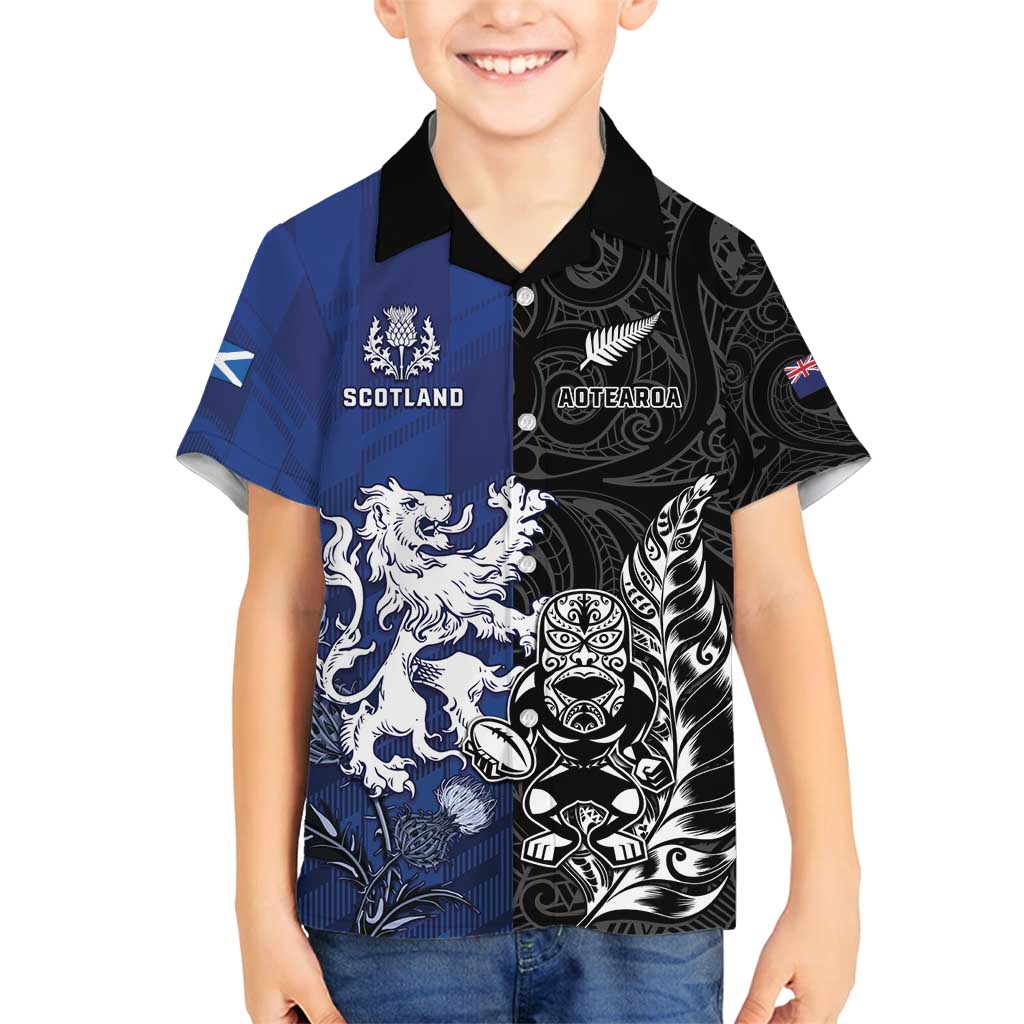 New Zealand And Scotland Rugby Custom Family Matching Off Shoulder Short Dress and Hawaiian Shirt Maori Tiki With Thistle Together