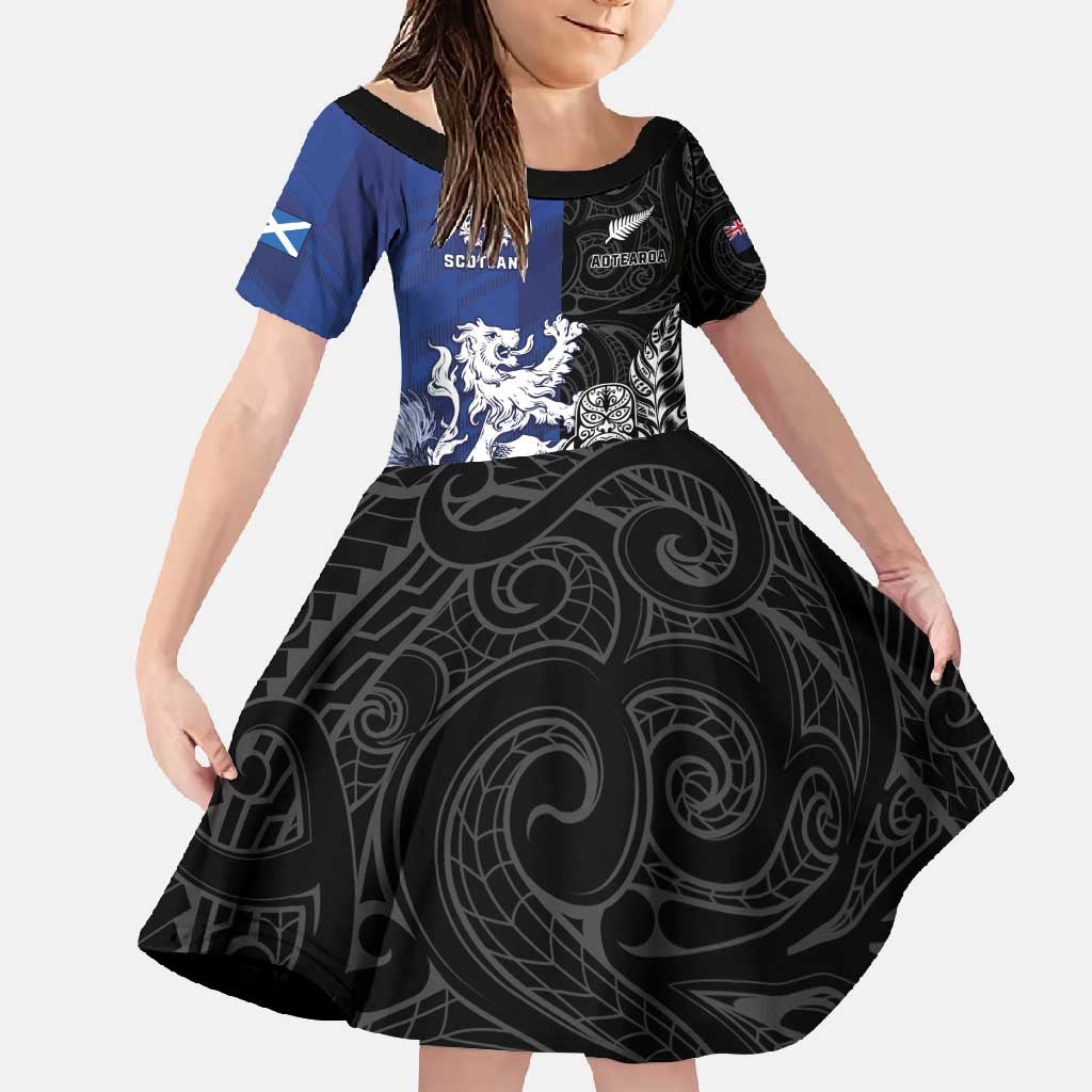 New Zealand And Scotland Rugby Custom Family Matching Short Sleeve Bodycon Dress and Hawaiian Shirt Maori Tiki With Thistle Together