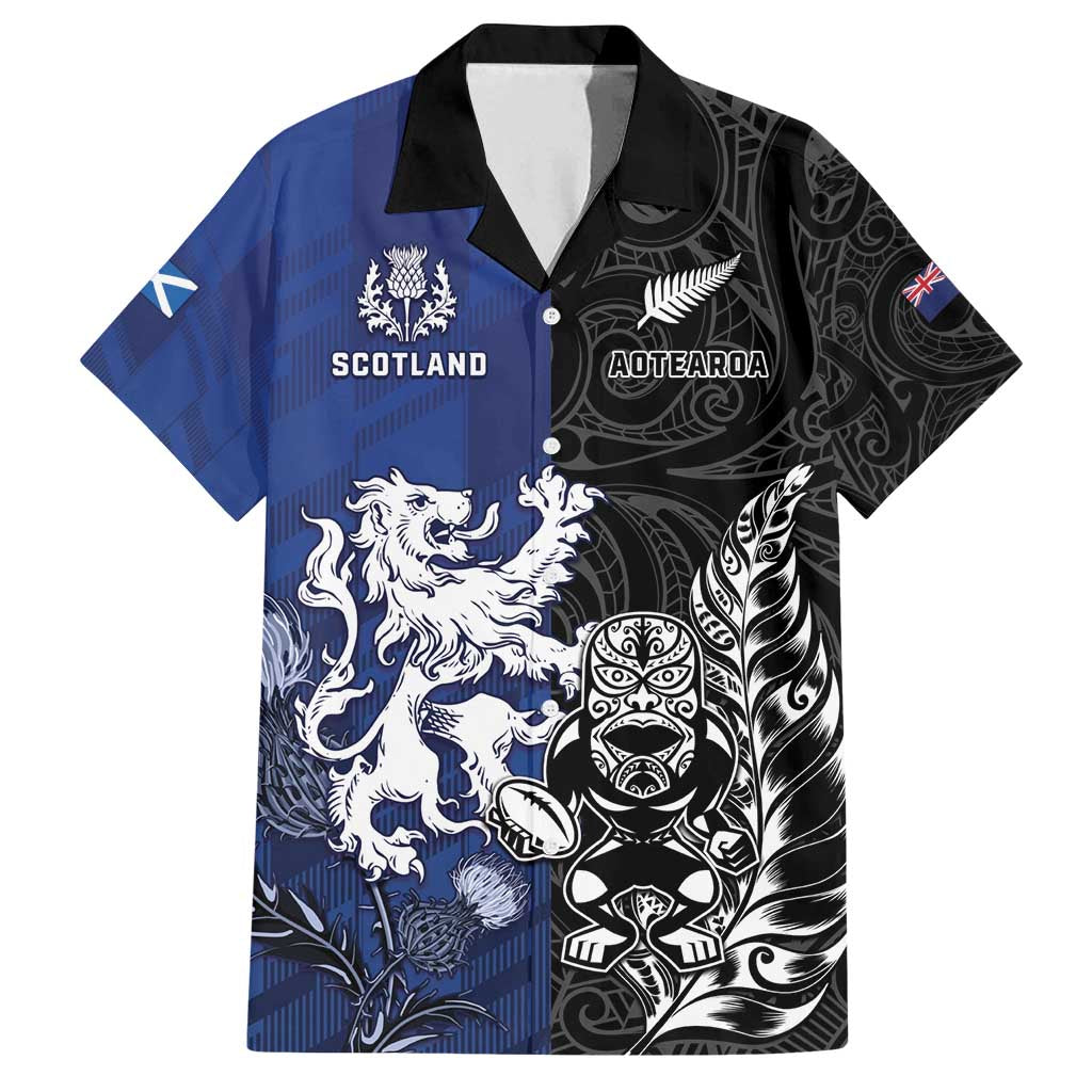New Zealand And Scotland Rugby Custom Family Matching Summer Maxi Dress and Hawaiian Shirt Maori Tiki With Thistle Together