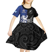 New Zealand And Scotland Rugby Custom Kid Short Sleeve Dress Maori Tiki With Thistle Together