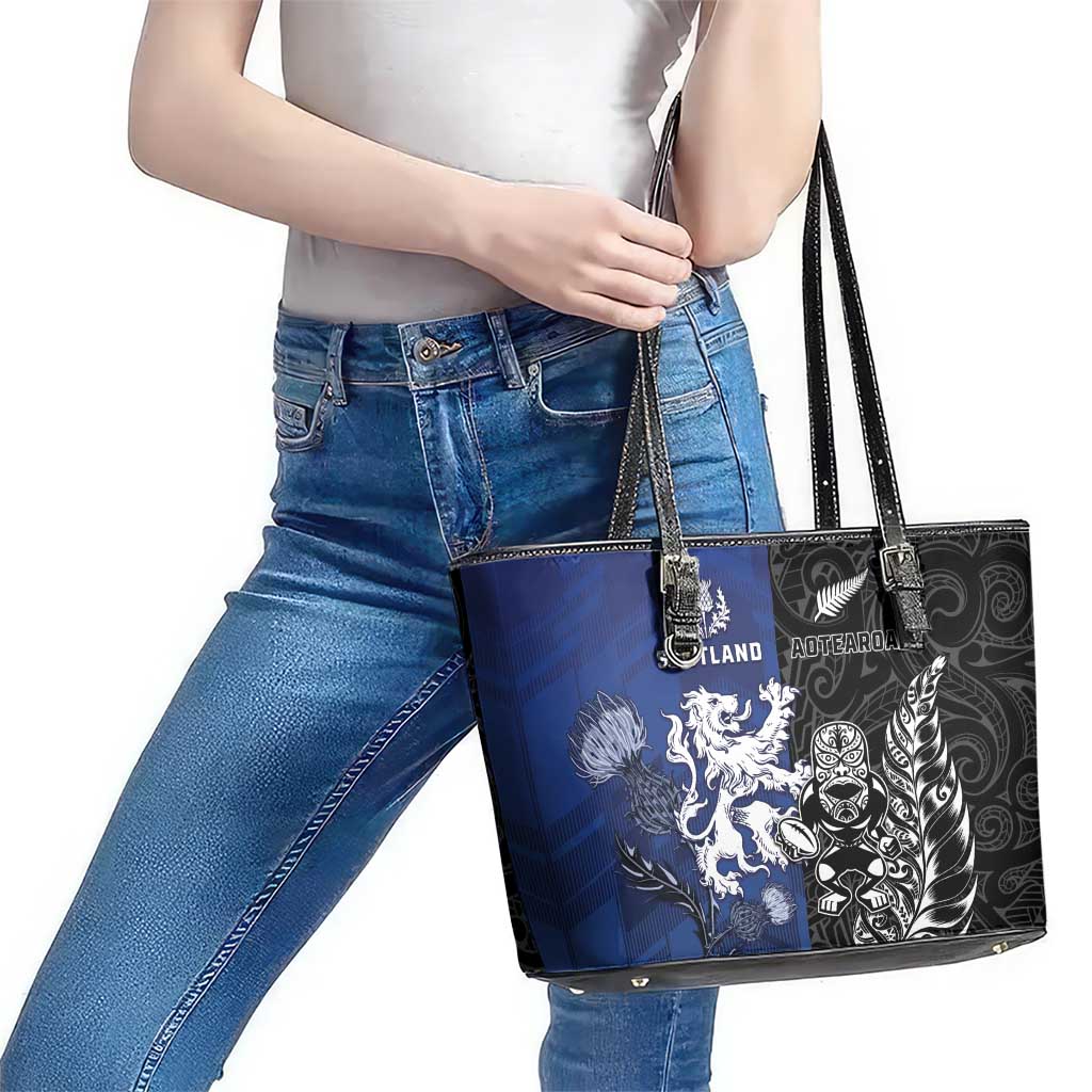 New Zealand And Scotland Rugby Leather Tote Bag Maori Tiki With Thistle Together