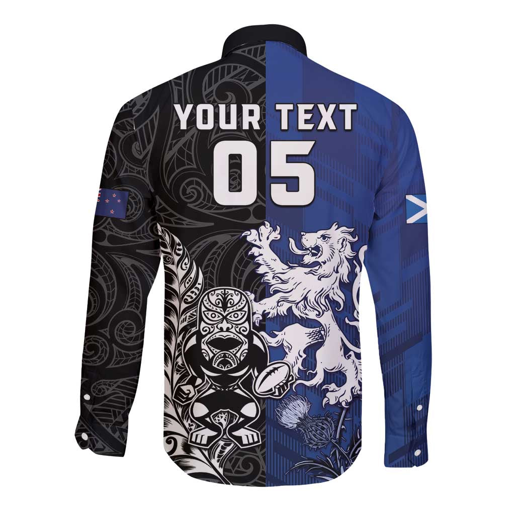 New Zealand And Scotland Rugby Custom Long Sleeve Button Shirt Maori Tiki With Thistle Together