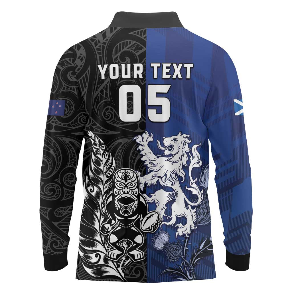 New Zealand And Scotland Rugby Custom Long Sleeve Polo Shirt Maori Tiki With Thistle Together