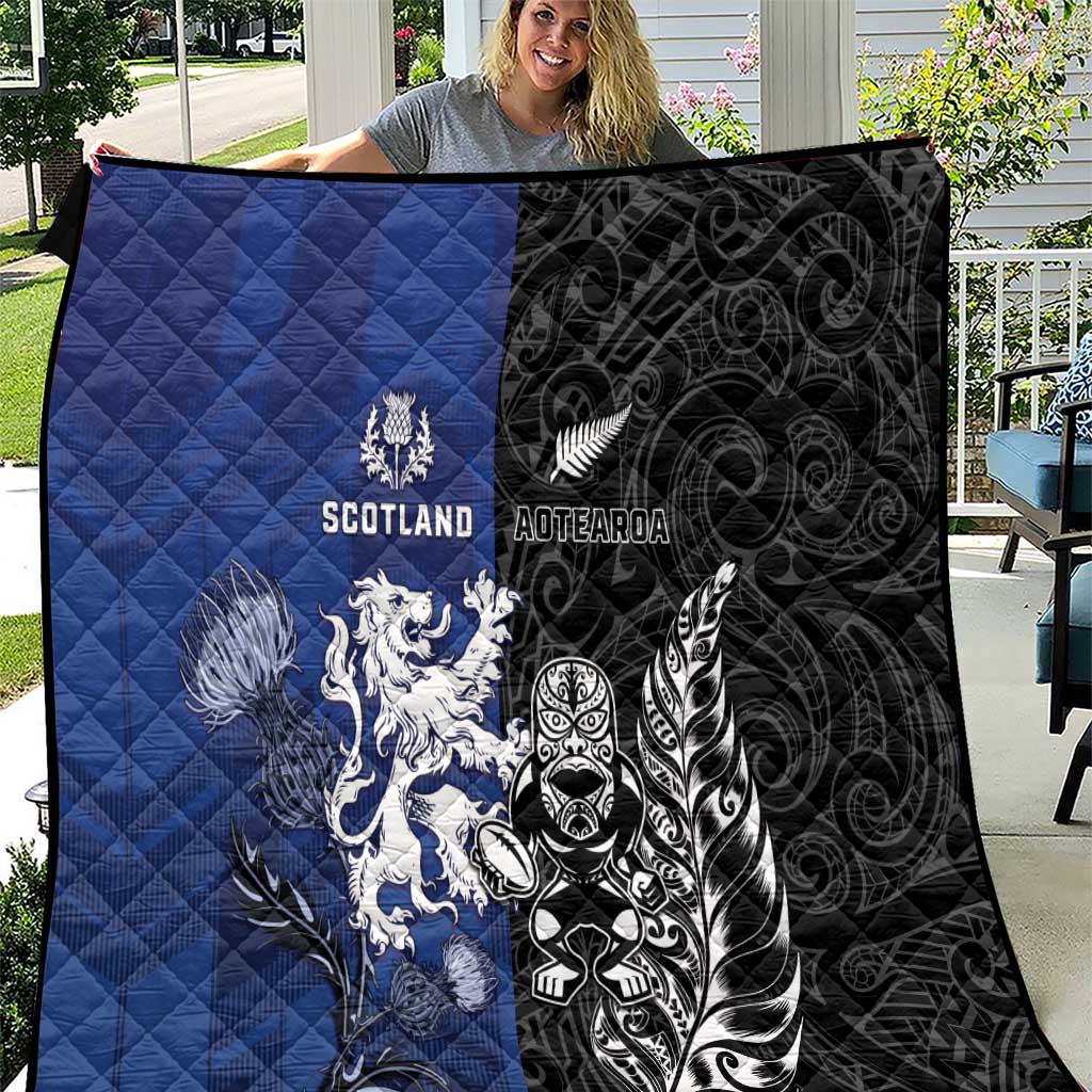 New Zealand And Scotland Rugby Quilt Maori Tiki With Thistle Together