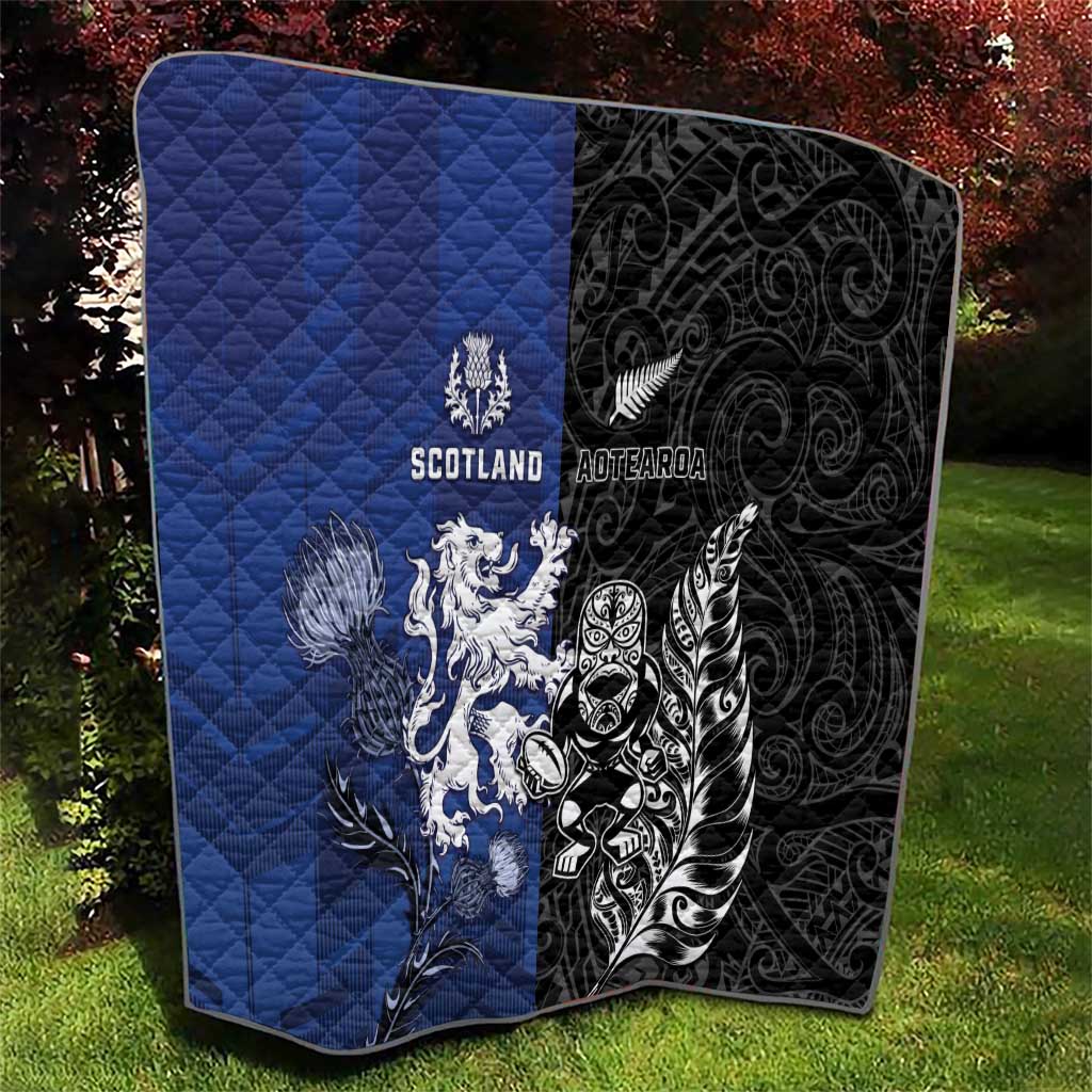 New Zealand And Scotland Rugby Quilt Maori Tiki With Thistle Together