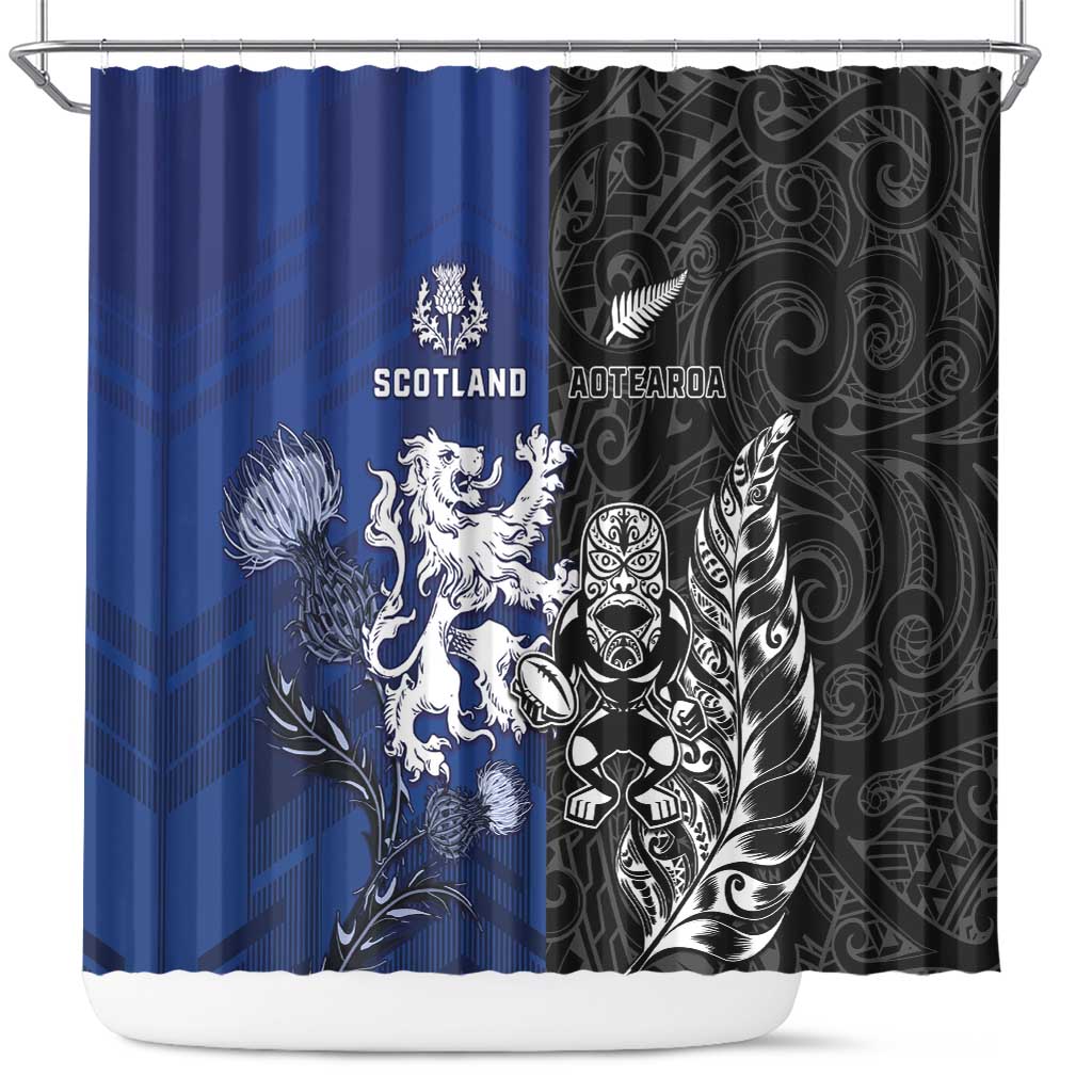 New Zealand And Scotland Rugby Shower Curtain Maori Tiki With Thistle Together